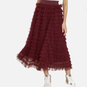 NWOT Aura Tulle Tiered Pull on Midi Skirt Burgundy - L